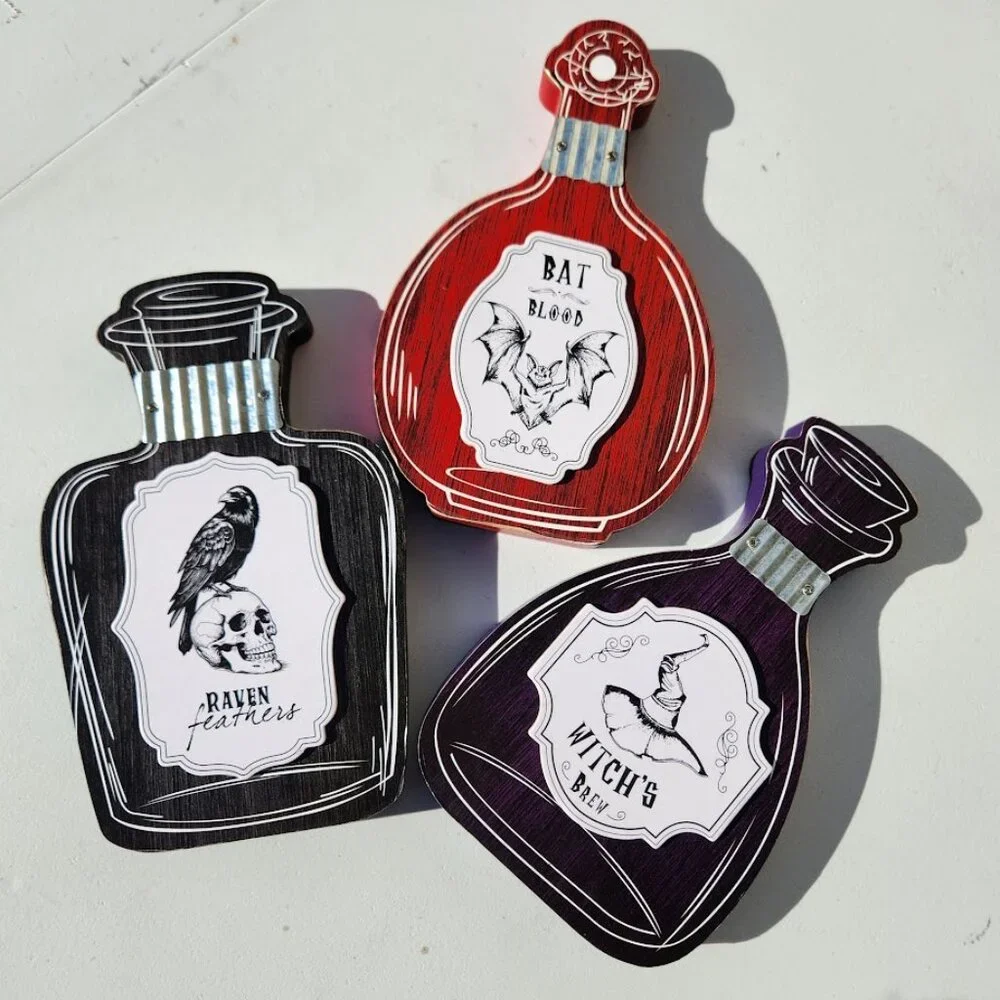 New Set of 3 Halloween Decor Wooden Potions Wood Decorations Bat Blood Witch's B